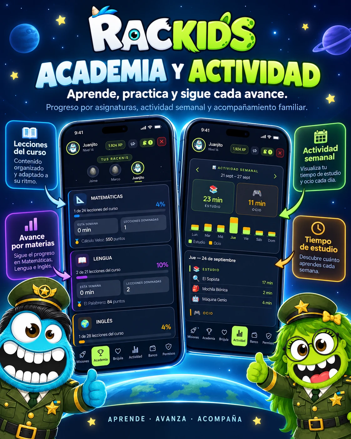 Vista previa de la Academia de Rackids y de la actividad semanal de estudio y juego.