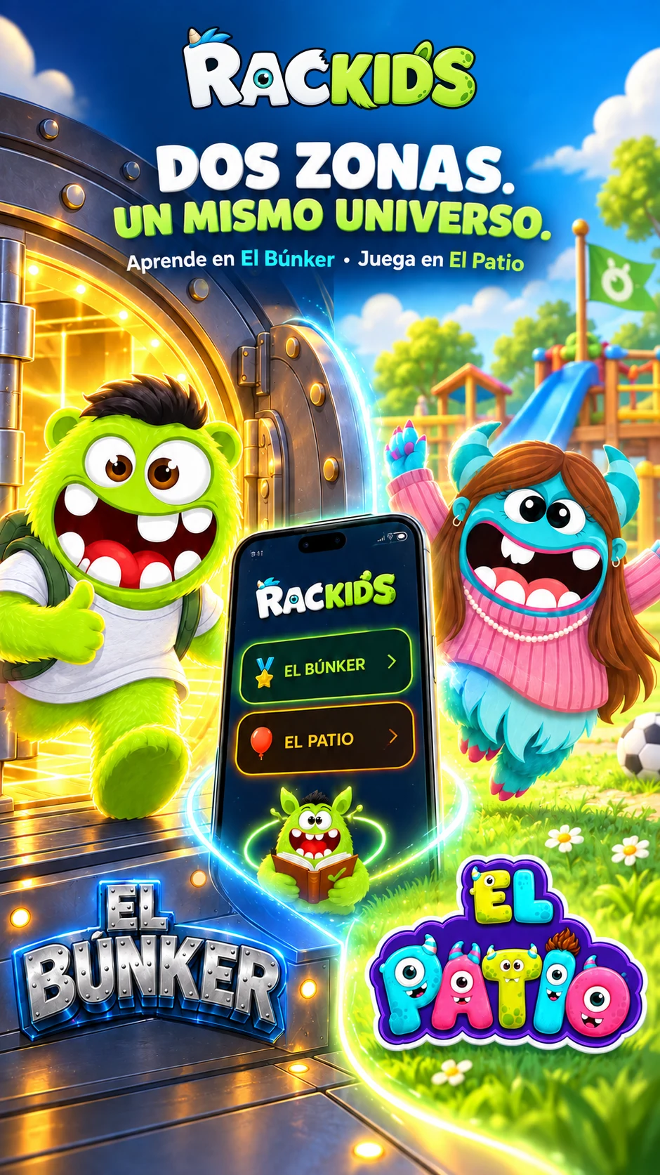 El Búnker y El Patio de Rackids, con sus personajes y la selección de zonas de la app.