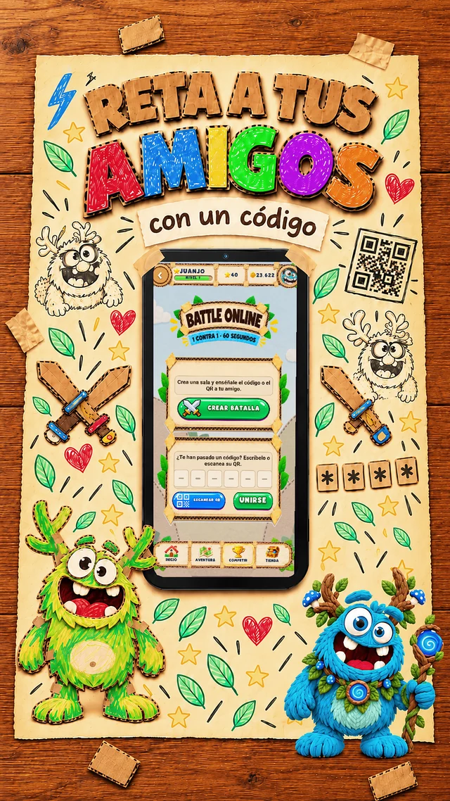Batalla online uno contra uno: crea una sala o únete con el código o el QR de un amigo.